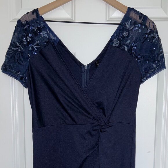 Deep V-Neck Sequin Short Sleeve High Side Front Slit Formal Evening Dresses - Picture 3 of 7